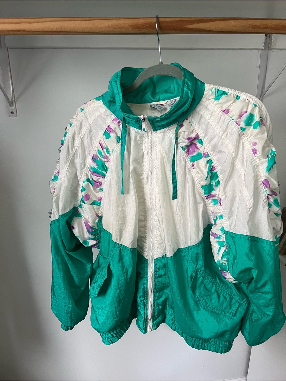 90s Vintage Second Wind Teal & White Windbreaker Jacket Size L 80s Track